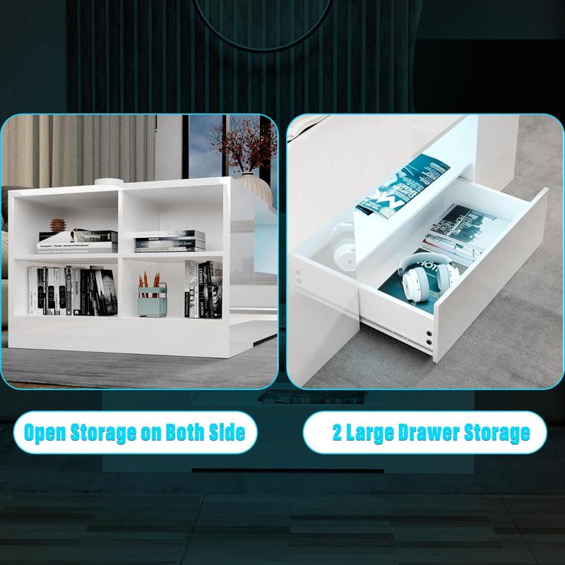 Coffee Table with 2 Drawer Storage, High Gloss Coffee Table for Living Room Wooden Centre Table with RGB Led Lights Rectangle Tea Table for Living Room Furniture, White 7