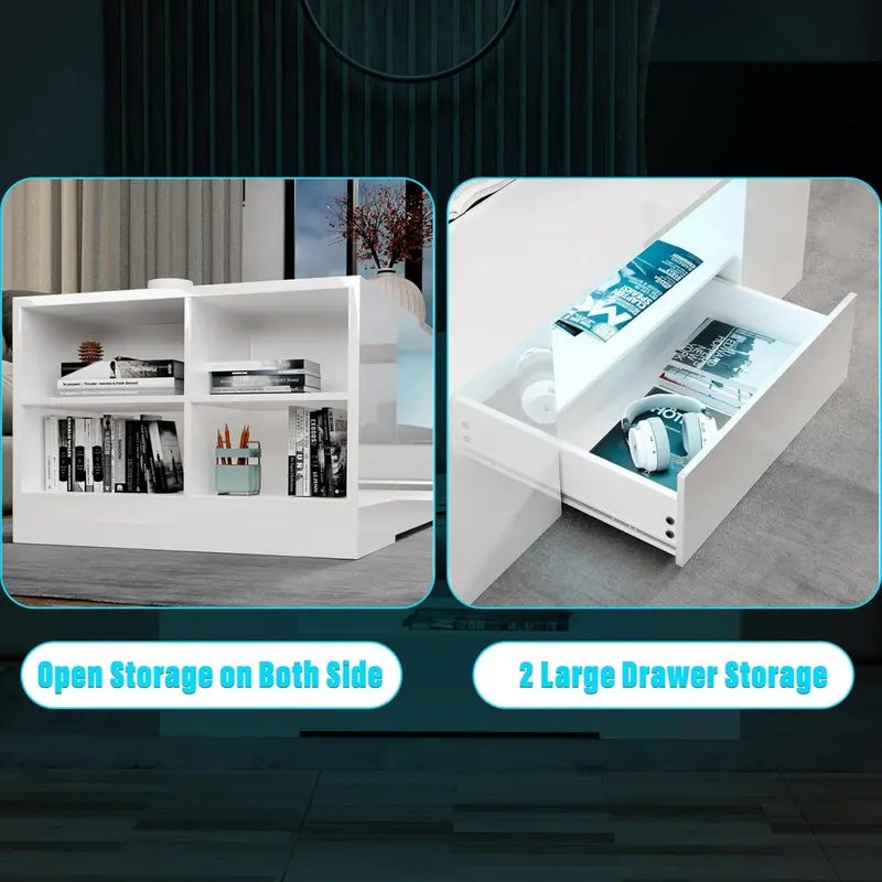 Coffee Table with 2 Drawer Storage, High Gloss Coffee Table for Living Room Wooden Centre Table with RGB Led Lights Rectangle Tea Table for Living Room Furniture, White 7