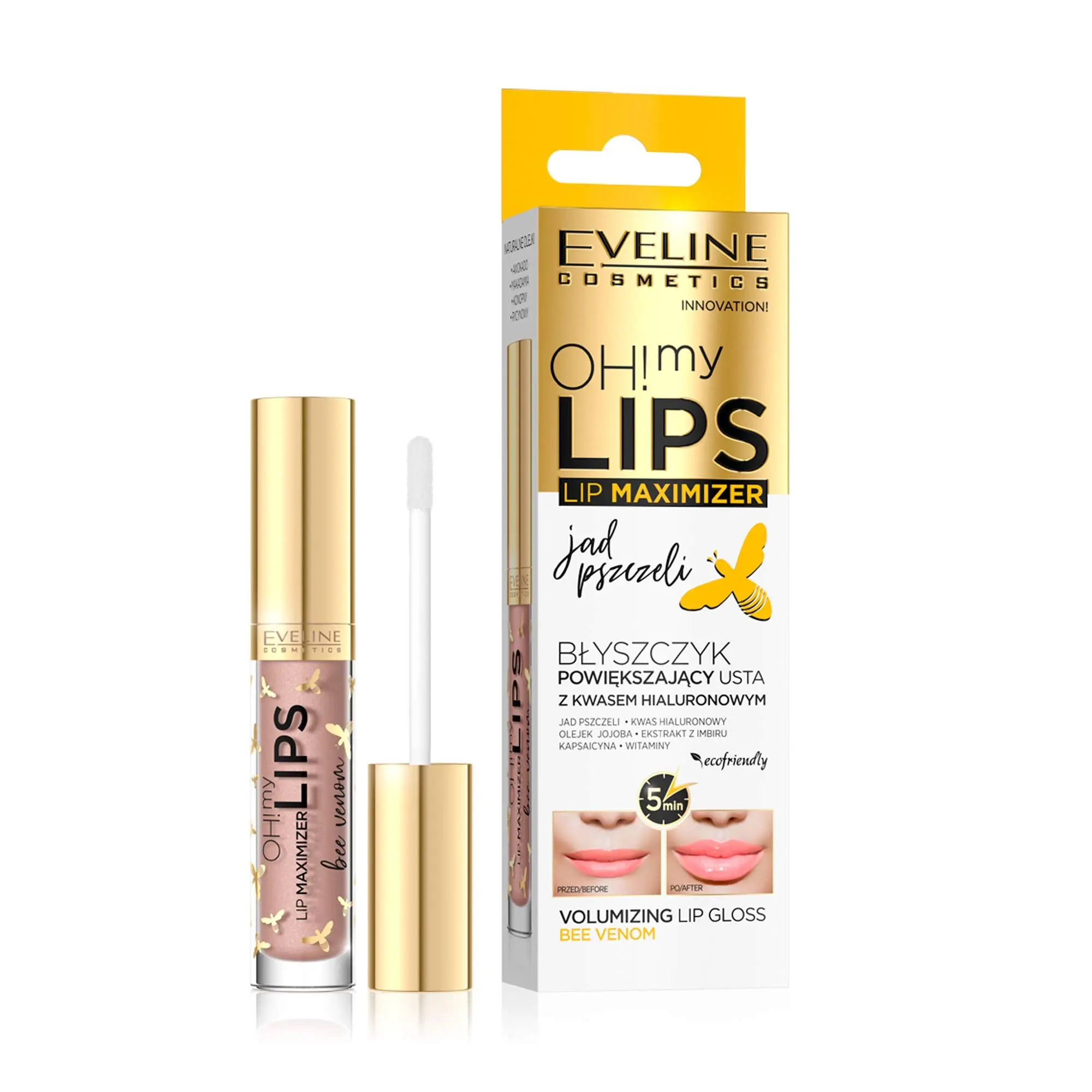 Eveline Cosmetics Oh! My Lips Lip Gloss Thicker Lips with Hyaluronic Acid and Bee Venom | 4.5 ml | Lip Plumper for More Volume | Fuller Lips | Lip Care | Silky Gloss