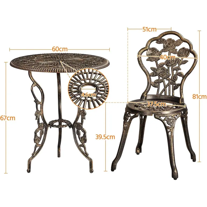 3-Piece Patio Bistro Set, Outdoor AluminumTable and Chairs, Garden Dinging Furniture, Rose Design for Balcony, Porch, Lawn, Pool, Bronze 5