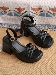 Women's Fashionable Cross Strap Heeled Sandals, Black Platform Sandals, Classy Elegant Minimalist Sandals, Casual Comfortable High Heel Lightweight Strappy Sandals for Daily Wear, Trendy All-match Platform Sandals for Women & Girls, Elegant Footwear