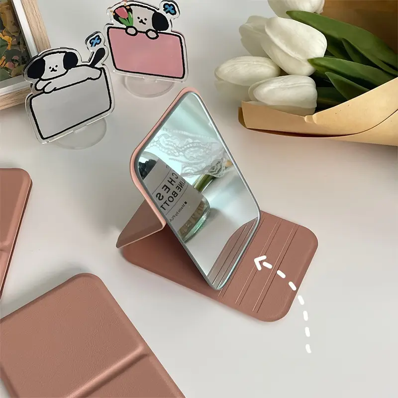 4.25-Inch Foldable Makeup Mirror with Frame – Compact, Portable Vanity Mirror for Dorms, Desktops, and Travel – Light Pink/Beige, Polished Glass Surface, Floral Design, Makeup Vanity Desk 1