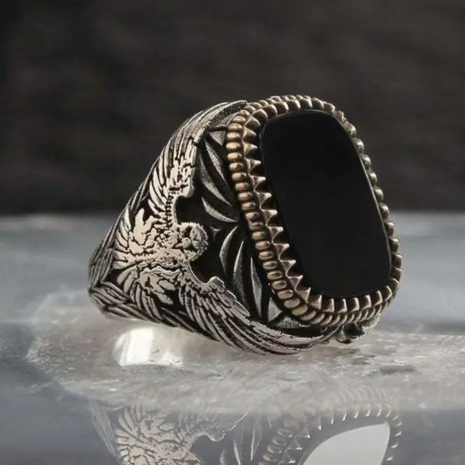 Men's Vintage Handmade Signet Ring, Antique Steel Eagle Ring with Black Cubic Zirconia, Punk Party Biker Ring