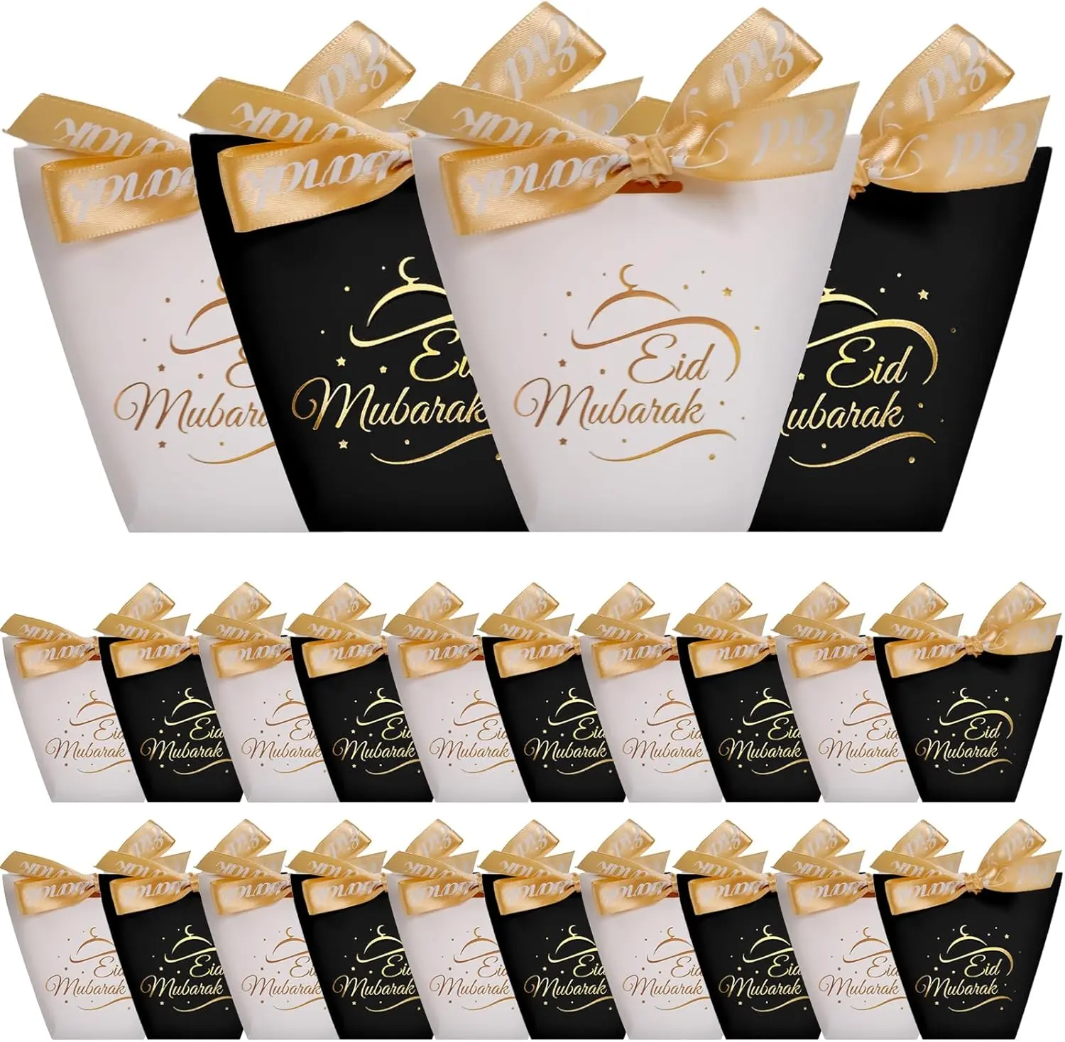 24Pcs Eid Mubarak Gift Bags for Ramadan, Gift Boxs for Halal Chocolate, Dates Sweet, Dessert - Muslim Gift Bags with Gold Ribbons for Ramadan Gifts, Eid Mubarak Party Decorations