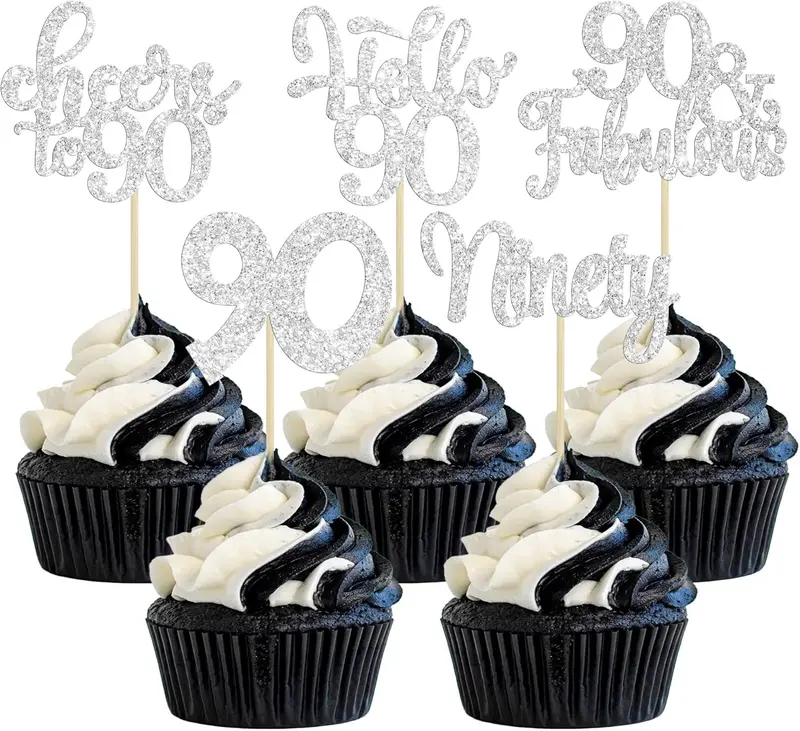 30Pcs Happy 90th Birthday Cupcake Toppers Silver Glitter Ninety Cheers to 90 Years Old Birthday Cupcake Picks for Happy 90th Birthday Anniversary Party Cake Decorations 0