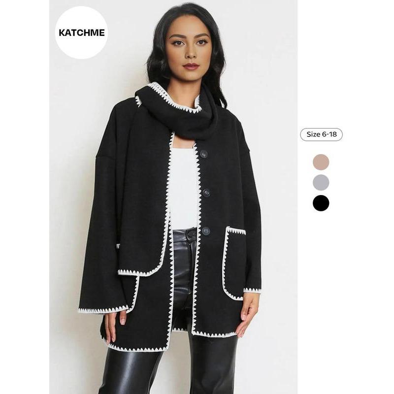 Women's Solid Button Front Drop Shoulder Coat with Scarf, Casual Long Sleeve Contrast Binding Outerwear for Fall & Winter, Ladies Clothes for Daily Wear 0