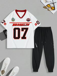 Men's Letter & Number Print Short Sleeve Tee & Pants Set, Casual V Neck T-shirt & Trousers, Summer Clothes for Outdoor