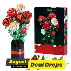 Rose Building Blocks Set, 1 Box Flower Building Blocks with Vase, DIY Floral Assembly Toy for Kids & Adults, Ideal Gift for Women & Girls, Decoration Items, Bouquet, Decorative Home Decor, Flower Design, Rosy Eternal Flowers, DIY Fake Flowers