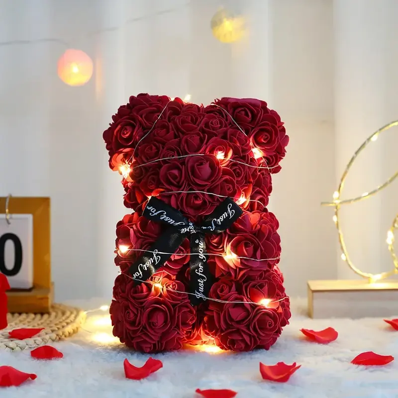 25cm Artificial Teddy Rose Flower Bear with Box Romantic Valentines Day Gift Girlfriend Women Anniversary Wedding Party Supplies 4