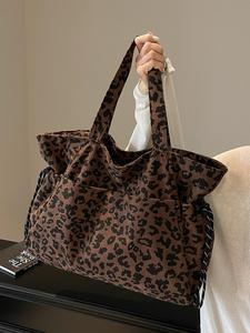 Fashion Leopard Pattern Shoulder Bag, Casual Large Capacity Multi Pocket Drawstring Adjustment Practical Crossbody Bag for Women, Trendy All-match Bag for Daily Use