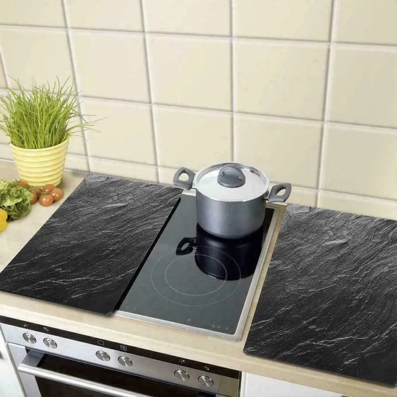 Set of 2 Glass Chopping Boards - 2pcs Universal Hob Cover Worktop Savers for Induction, Ceramic & Electric Stove - Non-Slip Tempered Glass Cutting Board - Black Slate Marble Kitchen Knives 2