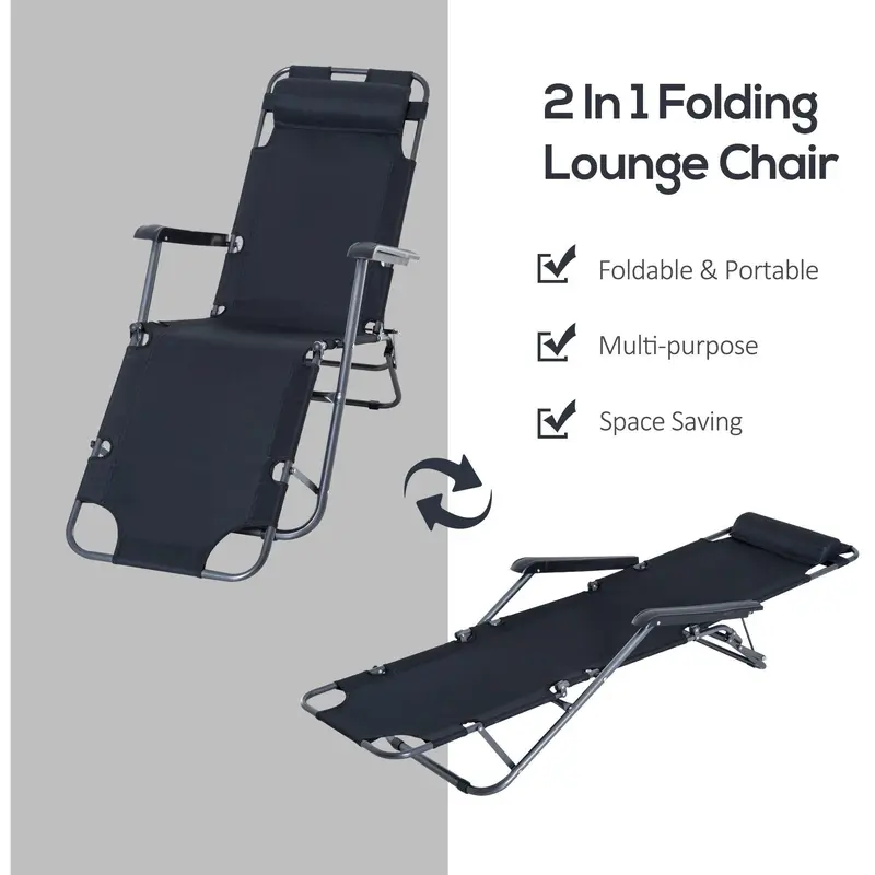 2-in-1 Folding Sun Lounger Chair with Pillow, Black 3
