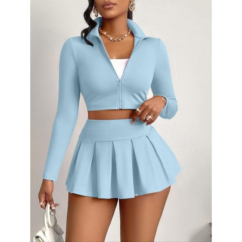 Women's Solid Zip Up Crop Jacket & High Waist Skirt Two-piece Set, Casual Fashion Cozy Two Piece Outfits for Daily Outdoor Wear, Women Clothes for Spring Fall 4