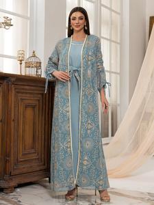 Women's Floral Embroidery Long Sleeve Outerwear & Belted Tank Dress, Elegant Arabic Clothing for Party Holiday Wedding Guest, Ladies Islamic Clothing for All Seasons, Classy Modest Dresses
