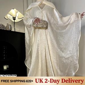 #CL01  Star Light Abaya, Sparkling Abaya two piece set, pearl tulle cape shines like a starry night sky, party, wedding, gathering Abaya cardigan and base layer dress with batwing sleeves satin lining, glowing bright eyes of beauty