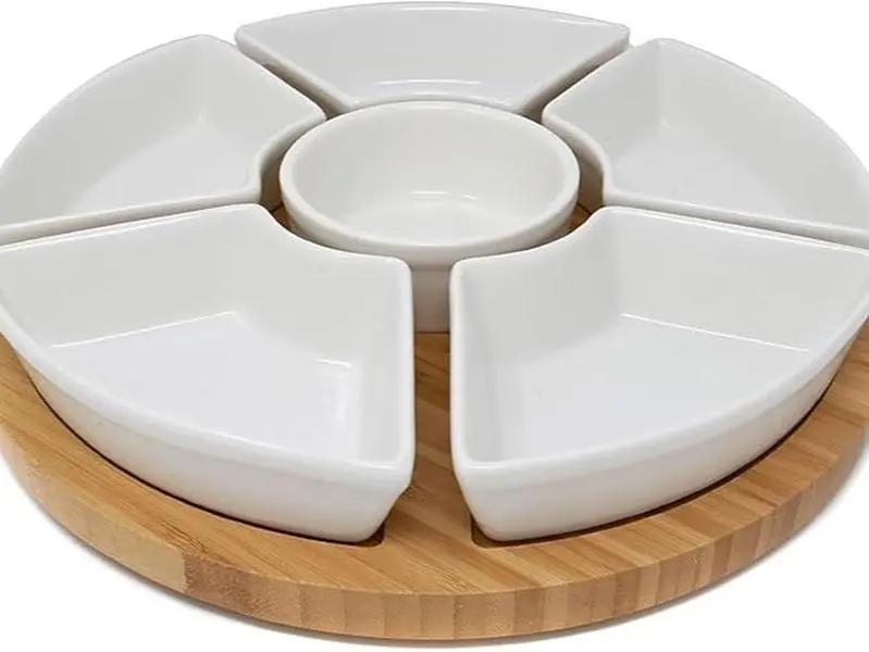 Rotating Dip Set | Lazy Susan with 6 Ceramic Dishes | Serving Platters | Snack Dishes with Turntable | Dips, Snacks & Appetisers | M&W (White)