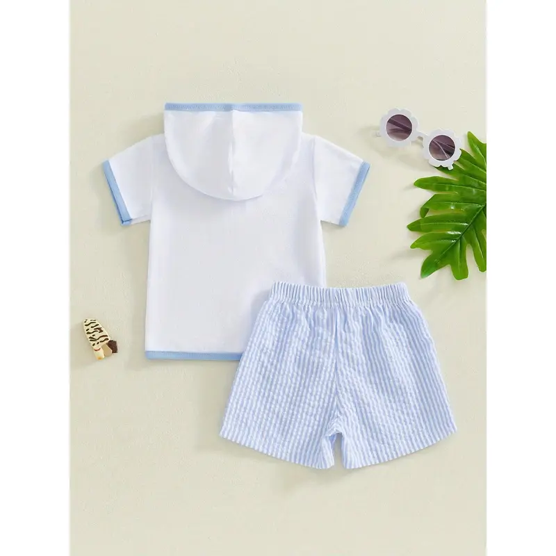Toddler Boys Beach 2PC Outfit, Zipper Hoodie  Stripe Print Quick-Dry Shorts Set For Summer Swim Cover Up 3