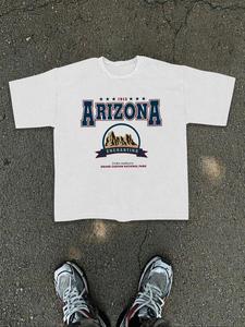 Men's Arizona Letter & Figure Print Round Neck Tee, Loose Casual Short Sleeve T-shirt for Summer, Men's Top for Daily Wear, Tropical