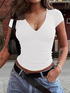 Women's Plain V Neck Tee, Casual Slim-fitting Short Sleeve T-shirt, Ladies Summer Clothes for Daily Wear, Top