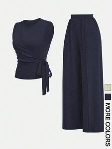 Women's Solid Tank Top & Wide Leg Pants Two-piece Set, Casual Sleeveless Top & Pants for Spring, Women's Clothes for Daily Wear