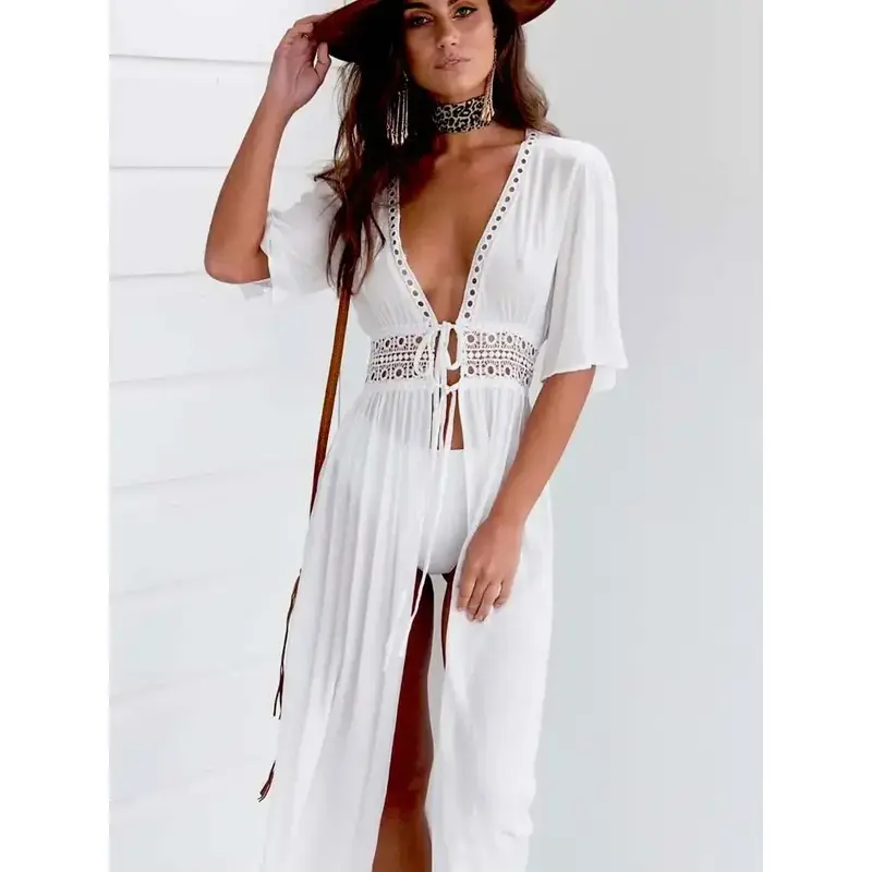 2025 Summer Bikini Cover-ups Women Bohemian Beach Long Dress Short Sleeve Lace Hollow Out Cardigan Swimwear Cover Ups Beachwear 7
