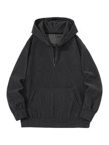 Men's Solid Color Half Zip Up Corduroy Hoodie, Casual Loose Long Sleeve Kangaroo Pocket Design Hooded Sweatshirt for Fall & Winter, Men's All-Match Clothes for Daily Wear