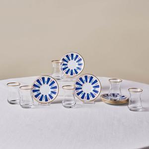 Karaca Bursa 12-Piece Glass Turkish Tea Set for 6 People, 132ml, Navy