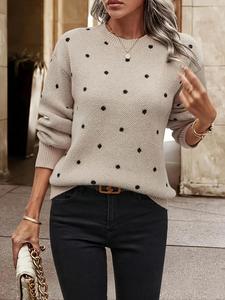 Women's Polka Dot Print Drop Shoulder Longsleeves Crewneck Sweater, Long Sleeve Round Neck Jumper for Fall & Winter, Fashion Ladies' Knitwear for Daily Wear, Comfort Lady Tops, Casual Womenswear,  Modest Outfits
