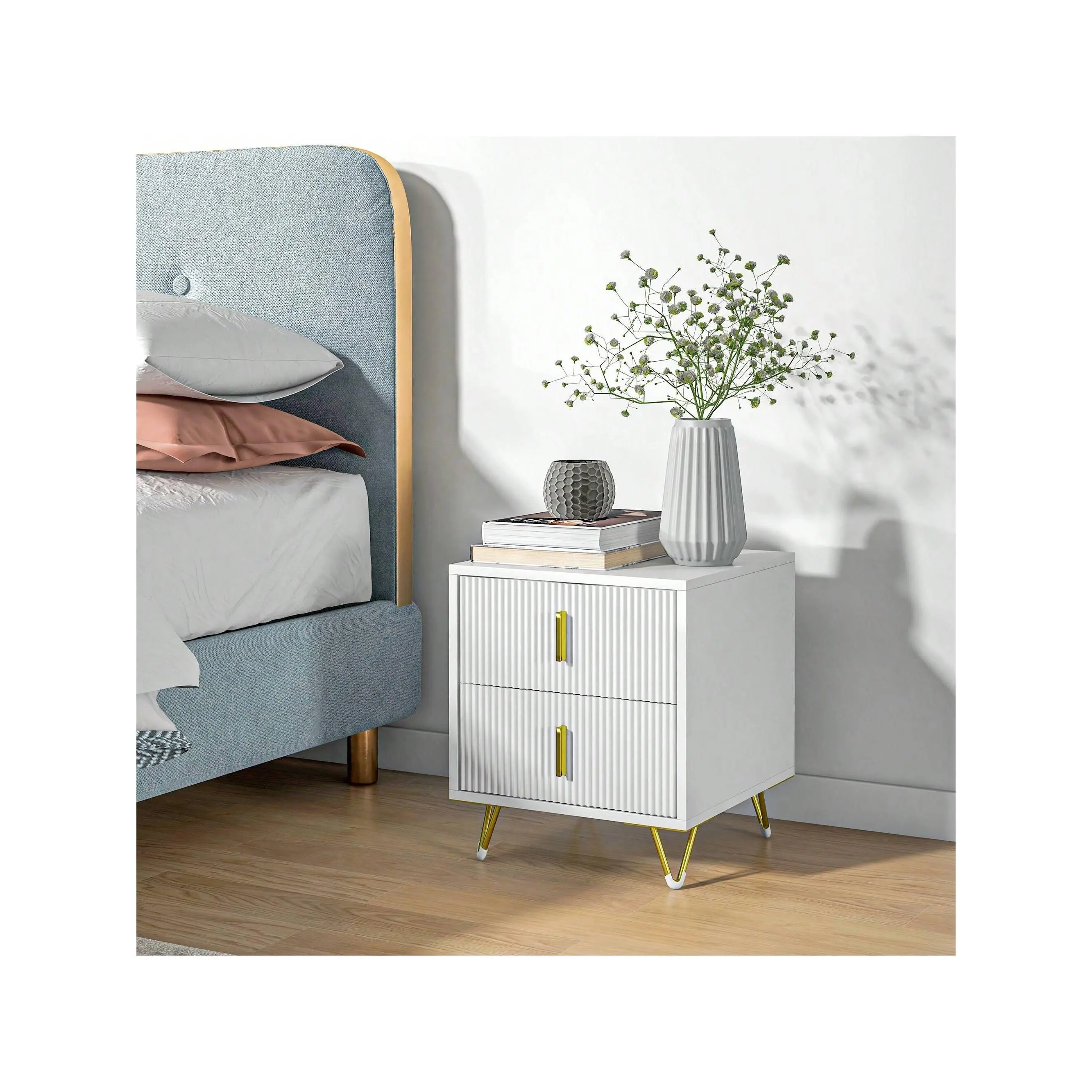 HOMCOM Bedside Table With 2 Drawers, Side End Table, Nightstand Bedside Cabinet With Metal Frame For Living Room, Bedroom, White