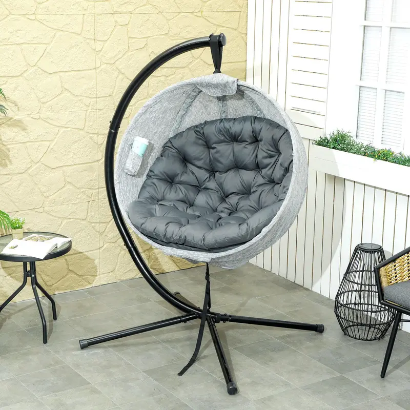 Grey Hanging Egg Chair with Stand Thick Cushion and Cup Holder for Garden or Balcony by Outsunny 1