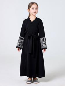 Girl's Embroidery Design Open Front Coat with Belt, Casual Long Sleeve Outerwear for Daily Wear, Kids Clothes for All Seasons, Casual Cute Outerwear