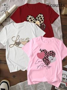 Women's Heart & Leopard Print Round Neck Tee, Fashion Casual Short Sleeve Crew Neck T-shirt for Daily Holiday Vacation Outdoor Wear, Ladies Clothes for Spring, Tshirt