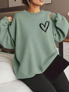 【Plus Size】 Heart Print Drop Shoulder Sweatshirt, Hide Your Tummy Outfits, Women's Plus Size Clothing for Valentine's Day Gift, Sweatshirts for Women, Clothes for Women, Womenswear