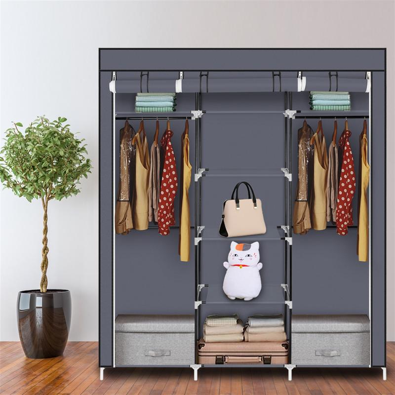 Portable Clothes Closet Non-Woven Fabric Wardrobe Double Rod Storage Organizer - Gray Racks 0