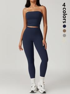 Women's Solid Crop Tube Top & High Waist Leggings Sportswear Set, Sleeveless Strapless Crop Top & Butt Lifting Skinny Pants Sport Stretch Fabric Activewear Set, Workout Gym Exercise Clothing Set, Athletic Gymwear, Fitness Summer Sporty Style Clothes