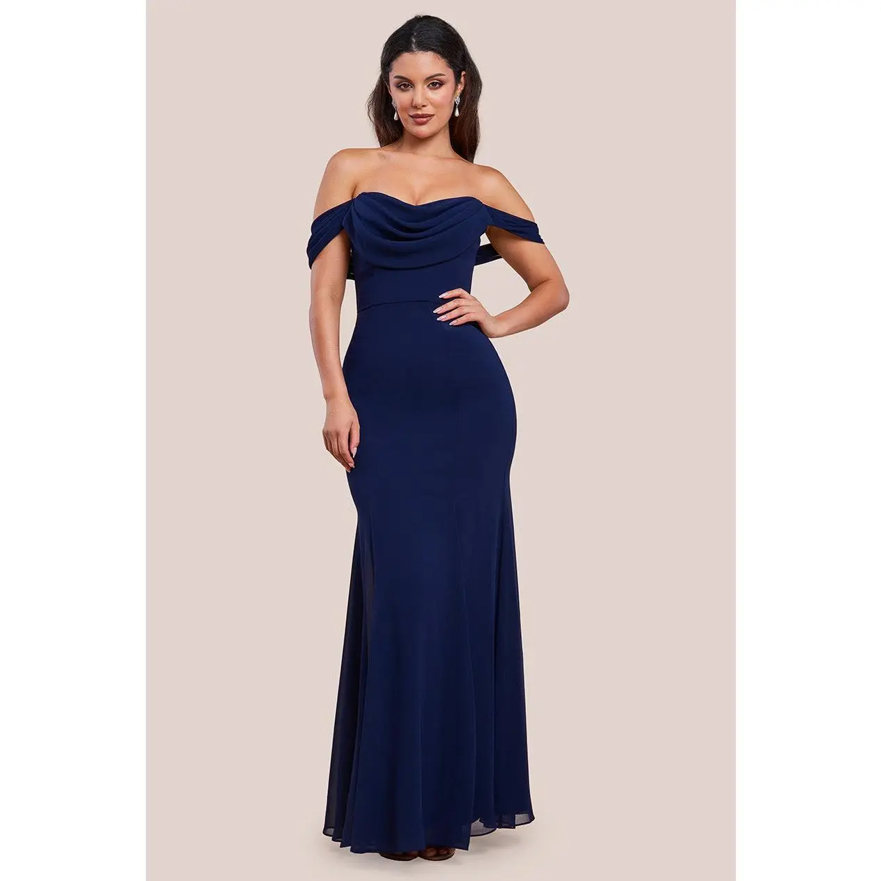 Goddiva Chiffon Bardot Cowl Neck Maxi Dress - Navy