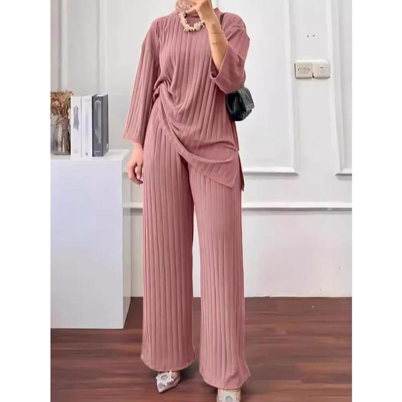 2023 Autumn and Winter New Women's Long Sleeve Top Wide Leg Pants Suit Solid Color Casual Sportswear 2 Piece Set 0