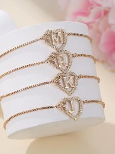 Women's Elegant Heart Design Initial Letter Charm Bracelet, Initial Charm Bracelets, Exquisite Trendy Bracelet, Personalized Fashionable Cute Jewelry for Women & Girls As Gift, Love Gifts for Wife, Fashion Chic Accessories