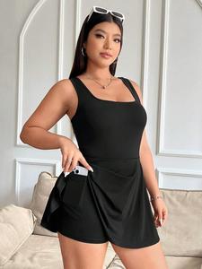 【Plus Size】 2 in 1 Pocket Tank Dress, Casual Solid Square Neck Sleeveless Dress for Summer, Women's Clothing for Daily Wear