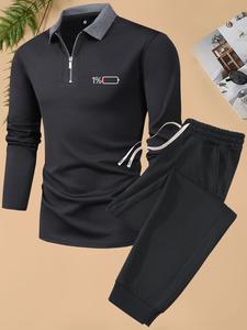 Two-piece Set Men's Cartoon Battery Print Pocket Sweatpants Set, Casual Half Zip Polo Shirt & Drawstring Waist Sweatpants for Outdoor, Men Outfits for Spring & Fall