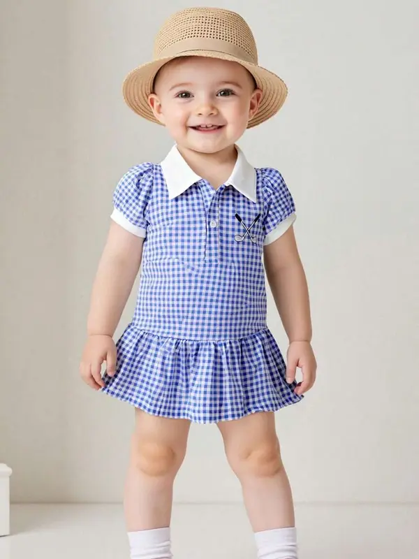 【Buy 1 with free gift】 Toddler Girl Summer Plaid Dress Lapel Short Sleeves Golf Club Embroidery A Line Dress 2