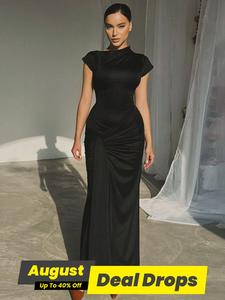 Women's Plain Ruched Tie Back Asymmetrical Neck Dress, Chic Elegant Cap Sleeve Long Dress for Party Holiday Wedding Guest, Ladies Summer Clothes, Minimalist Elegant Formal Womenswear