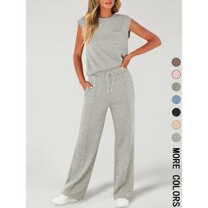 Women's Solid Color Vest Drawstring Waist Wide-leg Pants Two-piece Set, Casual Basic Simple Sleeveless Round Neck Top and Long Pants for Daily Wear, Women's Four Seasons Two-piece Set, Women's Clothing, Yoga Outfit Set, Summer Clothing Set flared  set