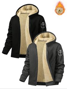 Men's Solid Pocket Zipper Fleece Jacket, Casual Long Sleeve Hooded Outerwear for Fall & Winter, Men's Clothes for Daily Wear