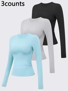 Three counts women's solid color sports suit long sleeved round neck tight fitting sports T-shirt high elasticity autumn and winter fashionable sportswear yoga suit golf tennis four seasons outdoor running cycling gym sports training