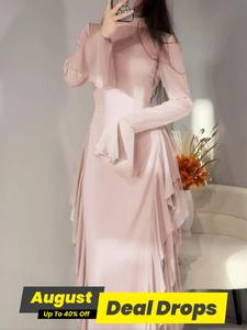 Women's Plain Ruffle Trim   Dress, Elegant Long Sleeve  Dress for Party Holiday Wedding Guest, Ladies Spring & Fall Clothes