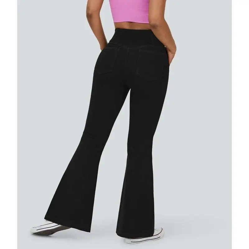 Women's Fl Black Denim ex High Waisted Crossover Super Flare Knit Jeans, Stretchy & Comfy Bottoms, Summer 2025, Plus Size ， Denim Basic Womenswear, Minimalist, Spring Sale Pants Trouser barrel  jeans  curvy high  rise  jeans jeans  Comfort Flared Denim 2