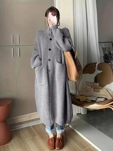 Women's Solid Color Button Front Drop Shoulder Long Cardigan, Casual Long Sleeve Collared Knitwear for Fall & Winter, Women's Oversize Knit Clothing for Daily Wear