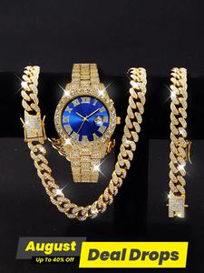 Men's Luxury Rhinestone Decorated Quartz Watch & Bracelet & Necklace, Fashion Trendy Wristwatch & Jewelry Set, Exquisite Watch Set As Gift without Box, National Day Offers