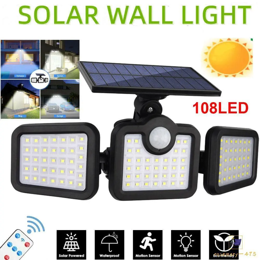 3-Headed Solar Security Light - 108 LED Motion Sensor Outdoor Wall Lamp - 270° PIR Detection - IP65 Waterproof - Super Bright Garden Lighting